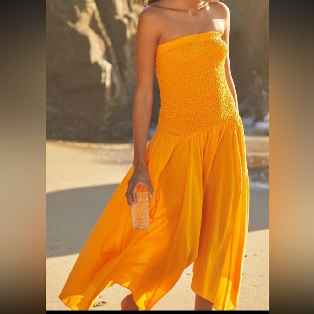 By Anthropologie Strapless Smocked Cover-Up Dress in Orange Size XS Beach Fun